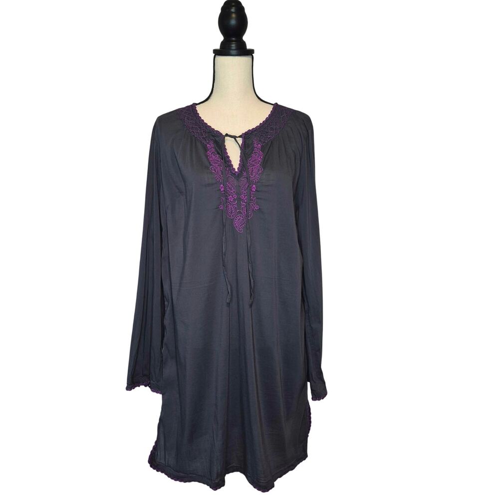 Athleta top gray purple embroidered tunic style vneck tassels long sleeve sz L